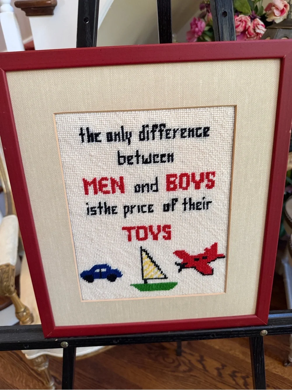 Framed Cross-Stitch Art - Men & Their Toys Red Frame, Multi-Color